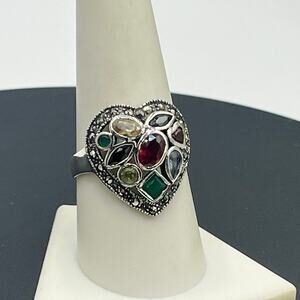 Sterling Silver Marcasite Multi-Gemstone Multi-Shaped Heart Noppakao Ring Sz 9.5